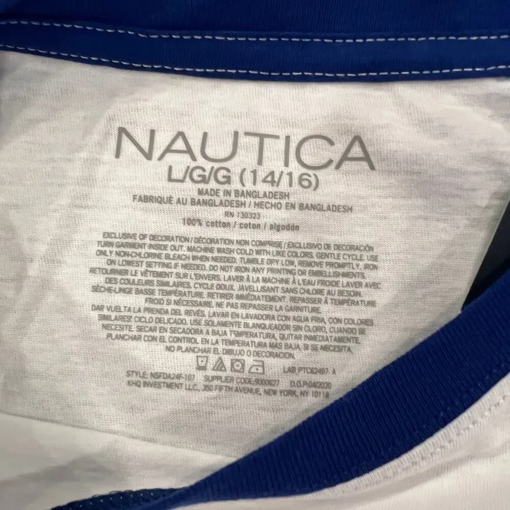 NWT Nautica Boys' White & Blue W/Logo Baseball Tee - SIZE LG (14/16)
